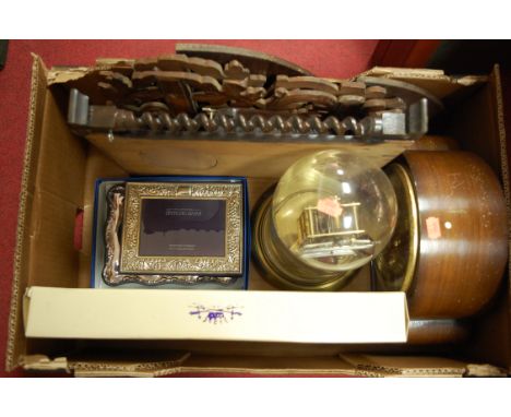 A box of miscellaneous items to include 1930s oak cased mantelclock, anniversary clock under dome, silver plated photograph f