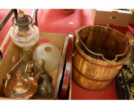 A large collection of miscellaneous items to include coopered wooden bucket, copper warming pan, pedestal oil lamp and shade 