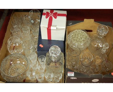 Two boxes of miscellaneous glassware to include rose bowls, decanter and stopper, whisky tumblers etc