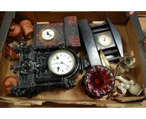 A box of miscellaneous items to include slate mantel clock of architectural form, Henry Watson pottery storage jars, art glas