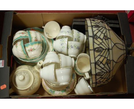 A box of miscellaneous to include Tiffany style leaded glazed ceiling light shade, Royal Doulton Kingswood pattern part tea s