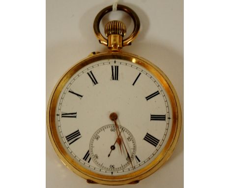 An 18ct gold cased gents open faced pocket watch, having unsigned white enamel dial, subsidiary seconds dial, and keyless mov