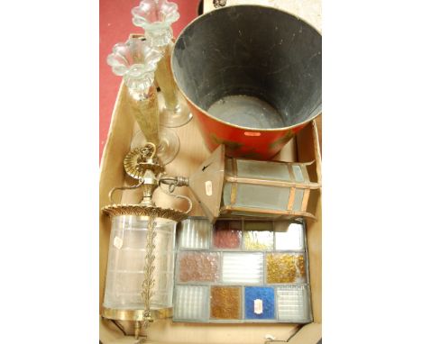 A collection of miscellaneous items to include various leaded glazed panels, brass  ceiling light fittings, toleware waste bi