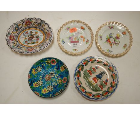 A Longwy pottery pin dish, together with two Dresden saucers and 2 Maiolica dishes (5)