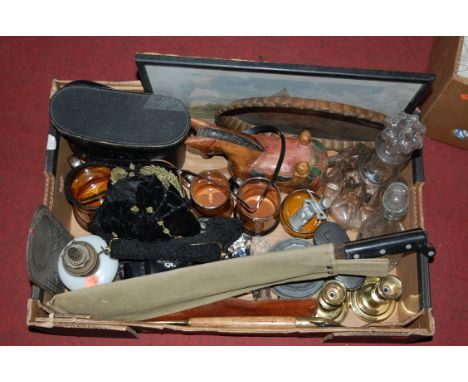 Three boxes of miscellaneous to include Indonesian style shadow puppet, part tea service, pair cased binoculars etc
