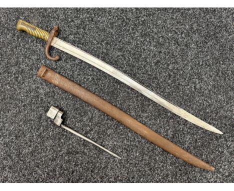 French 1866 Pattern Chassepot bayonet with fullered single edged blade 575mm in length, dated 1869 on spine of blade. Brass g