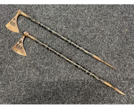 Pair of Indo-Persian Tabarzin Saddle Axes. Both with Axe Heads with pierced design and inlaid with white metal and Copper. Eb