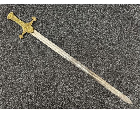 Britsh 1856 pattern Short Sword with fullered double edged blade 645mm in length, no makers mark. Cast brass hilt with Flamin