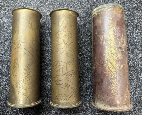 WW1 British Trench Art Shell Cases x 3. Two are 6 Prd III cases both dated 1918 and with crudly engraved floral decoration. T