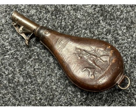 Leather Shot Flask with embossed Scottish Hunting Scene with Kilted Hunter with Stag and dogs. Maker marked "G &amp; JW Hawks