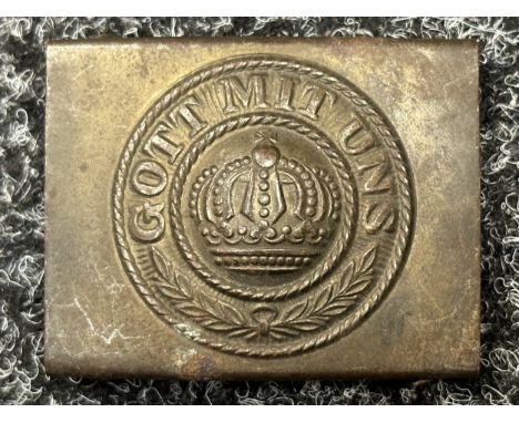WW1 Imperial German Army Enlisted Mans Belt Buckle in steel. "Got mit Uns" motto with Imperial Crown.  Some remains of origin