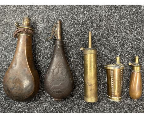 A collection of Four Powder Flasks and One Shot Flask.  Pistol flask is maker marked "C&amp;JW Hawksley". Large flask is also