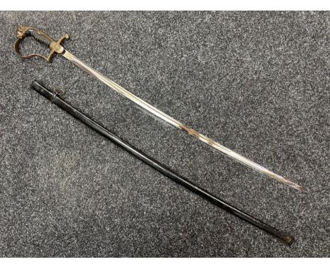 WW2 Third Reich Heer Officers Lion Head Sword. De-nazified eagle. Single edged fullered blade 812mm in length. Maker mark beh
