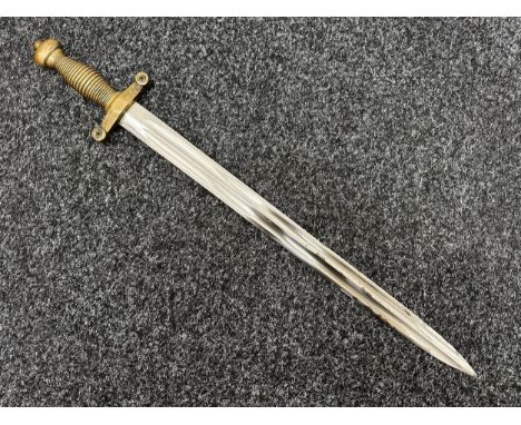 French Artillery Short Sword with double edged double fullered blade 484mm in length. Worn lightly engraved makers mark. Cast