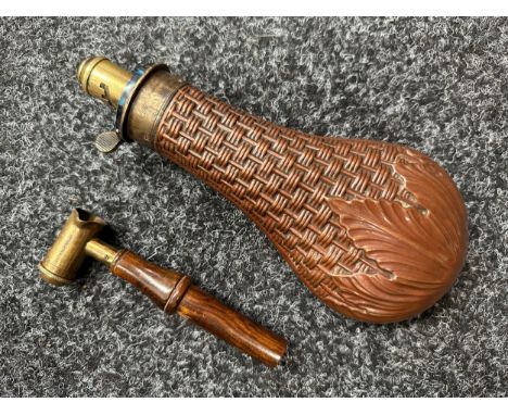 Copper Powder Flask with Basket Weave design maker marked "James Dixon & Sons, Sheffield" with 2 1/4 to 3 Drams measure and i