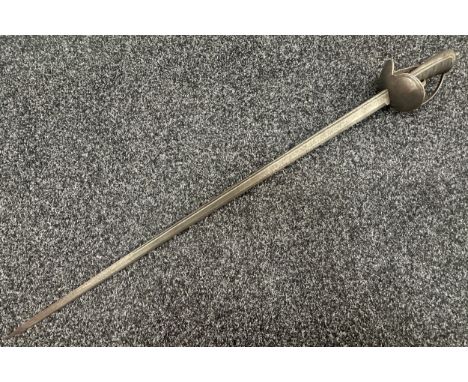 Spanish M1768 Dragoon Sword with single edged blade with narrow fuller, 900mm in length. No makers mark. Steel guard. Horn gr