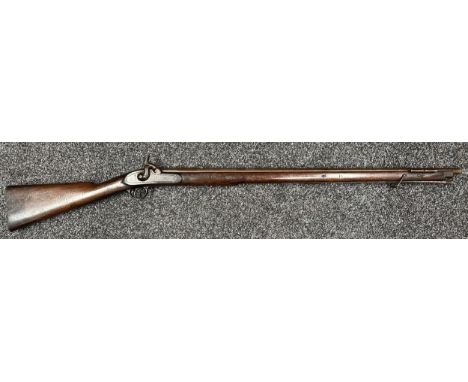 Percussion Cap Rifled Musket with 795mm long browned Damasus barrel, bore approx. 14mm. Fitted with a bayonet bar. Working ac