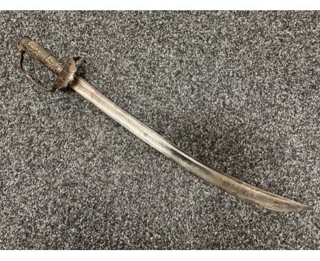 Cutlass with double fullered curved blade 620mm in length. Engraved decoration to blade. Clamshell guard. Two part Horn grip.