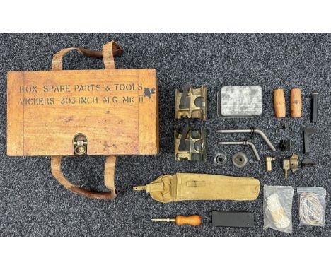 WW2 British Vickers .303 Medium Machine Gun Box Spare Parts &amp; Tools. The box contains: two feedways, pair of wooden grips