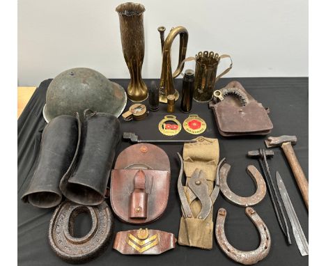 WW1 British Folding Saw in pouch dated 1918, no handles: Trench Art vase and jug: Brass Bugle, Horse shoes and horse shoeing 