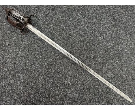 Scottish Basket Hilted Sword with double edged blade with double narrow fullers 845mm in length. No makers mark. Full basket 