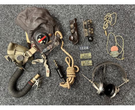 WW2 British RAF C Type Leather Flying Helmet complete with head sets and wiring loom together with a H type Oxygen Mask and t