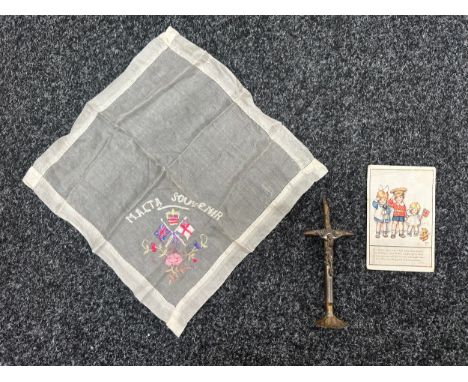 WW1 British bullet crucifix; a silk handkerchief; a WWI postcard (3) 