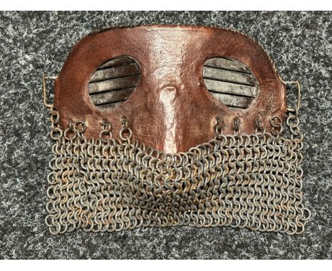 British WW1 Royal Tank Corps Vehicle Crew Anti Splatter Mask. Brown leather covered steel anti-fragmentation mask with protec