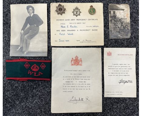 WW2 British Womens Land Army group to 108374 Mrs Edith Fowler to include her WLA Plastic Economy Proficiency Badge maker mark