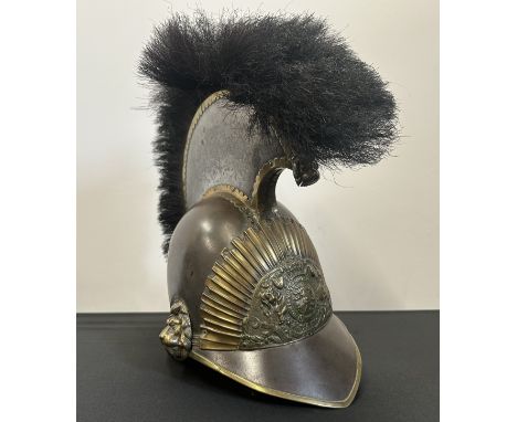 British Hanovarian Cavalry Helmet, Horse Hair Crest. All metal construction. 1820's. Has original Lion Masks reattached. No l