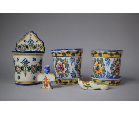 A French Faience Wall Hanging Salt Container and Two Planters, Shaped Flask etc 