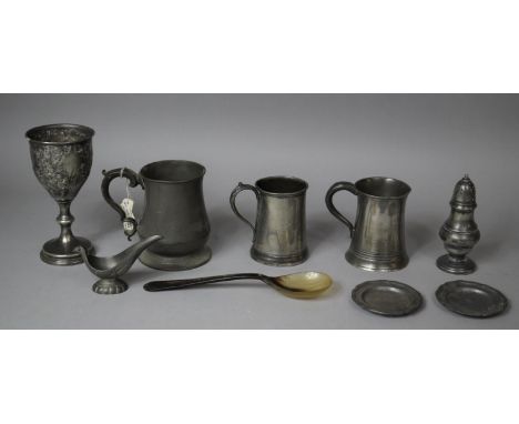 A Collection of Various Pewter Wares to Include Late 18th/19th Century Tankard of Bell and Tulip Form with Later Exercise Mar