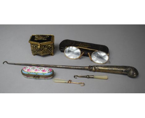 A Long Silver Handled Pistol Grip Button Hook and Two Mother of Pearl Handled Miniature Examples, Vintage Spectacles in Case,