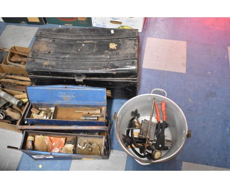 A Black Painted Metal Travelling Trunk, Cantilevered Tool Box and Small Selection of Tools 