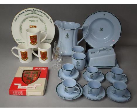 A Collection of Crested Items for Mostyn House School, Cheshire, to Include Heraldic Wall Shield, Plate, Mugs, Part Blue Glaz