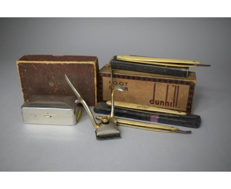Three Cut Throat Razors, Vintage Hair Trimmer, Razor Box Together with a Vintage Pipe Box for Dunhill Root Briar 