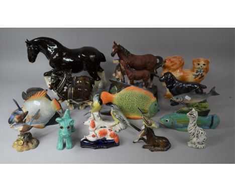 A Collection of Animal Ornament to Include Ceramic Heavy Horse, Resin Study of Mare and Foal by Gate, Fish, Dog etc (Some Pie