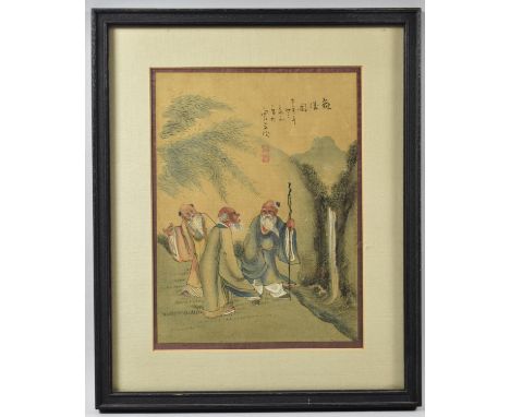 A Framed Oriental Print Depicting Three Immortals by Waterfall with Sealmark, 18x24cm 