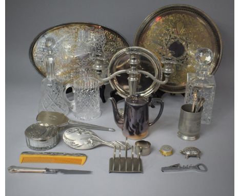 A Collection of Various Metalwares to Include Galleried Trays, Three Branch Candelabra, PArt Ladies Dressing Table Set etc To