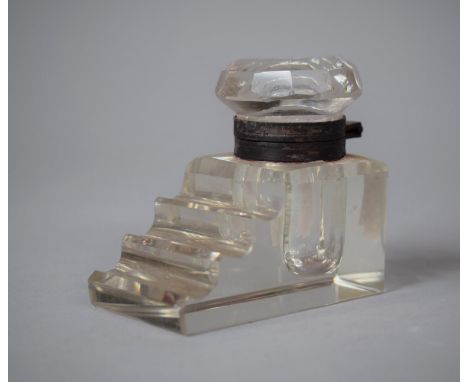A Small Stepped Glass Desktop Inkwell, 6.75cm Long 