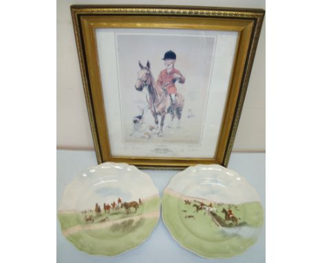 Pair of Royal Doulton D6326 Hunting Series plates, "over the grass" and "changing horses", a framed and mounted Jim Lang Hunt