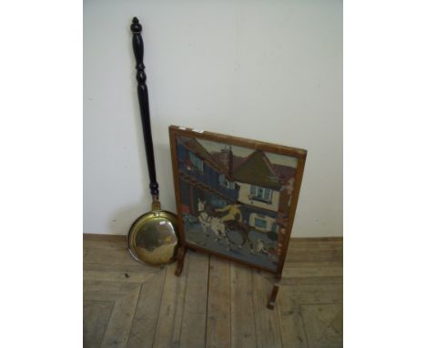 Oak framed wool work fire screen with hunting panel and a 19th C copper bed warming pan with turned wood handle (2)