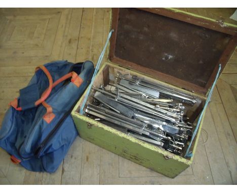 Vintage wooden box containing a large selection of silver plated music stands, the box inscribed Stape Original Band and a ba