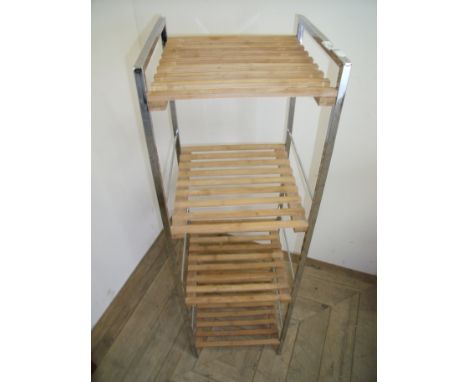 Four tier stainless steel and wooden slatted bathroom/kitchen shelf unit (30cm x 28cm x 99cm)