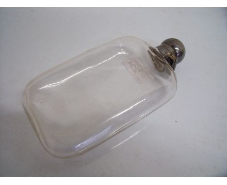 Large glass bodied hip flask with turned silver plated top (19cm x 9cm x 4cm)