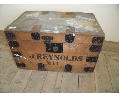 Pine constructed Vintage tool type box with wrought metal straps and stenciled writing for J.Reynolds 211 (50cm x 30cm x 29cm