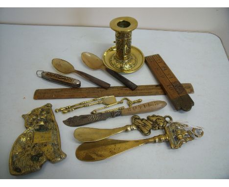 Vintage multi-bladed pocket knife, a four sectional folding boxwood Rabone No 1167 ruler, miniature brass companion set, Vint