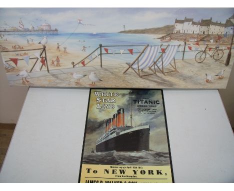 Modern rectangular print on canvas of seaside scene (30cm x 90cm), a reproduction Titanic White Star Line tin sign (2)