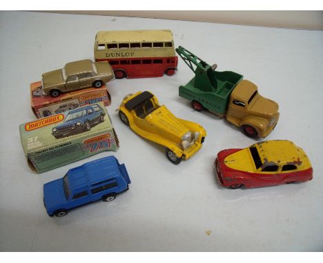 Small collection of die-cast vehicles including boxed Matchbox 39 Roll Royce & 37 Matra Rancho, Dinky Toys Commer crane truck