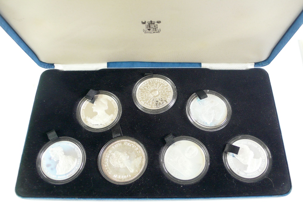 ROYAL MINT BOXED SET OF SEVEN QUEEN ELIZABETH THE QUEEN MOTHER SILVER PROOF CROWN COINS, 1980, vi